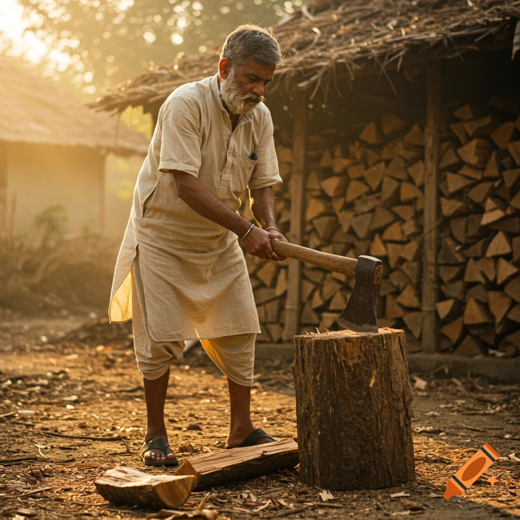 An Indian man chops wood with an axe in a rustic outdoor setting.