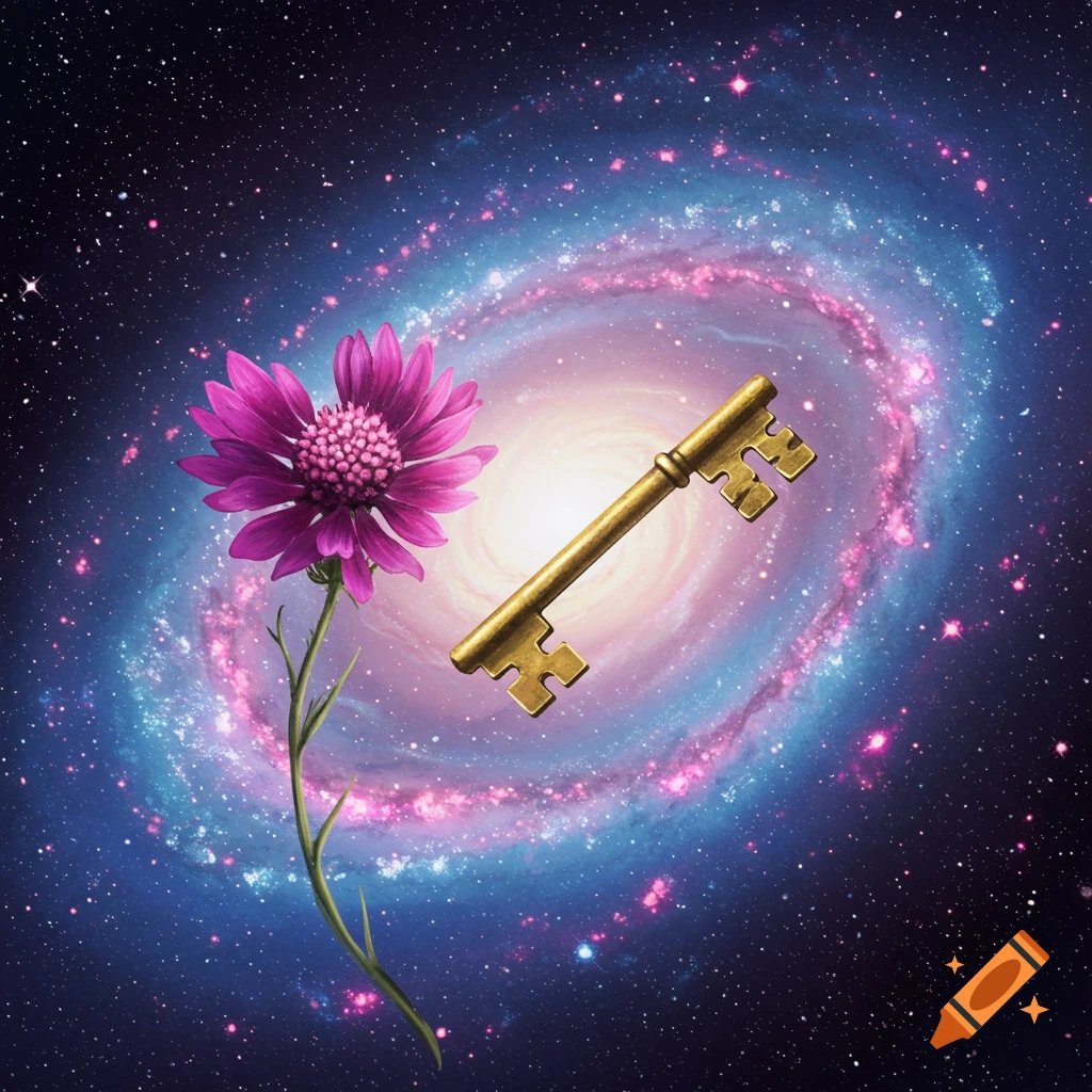 A pink flower and golden key floating in front of a spiral galaxy.