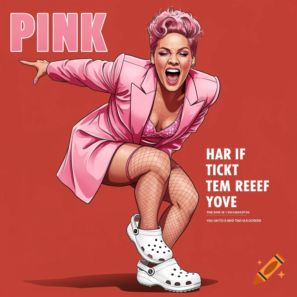 Pink in a pink suit, bra, fishnets, and Crocs, striking a dynamic pose.