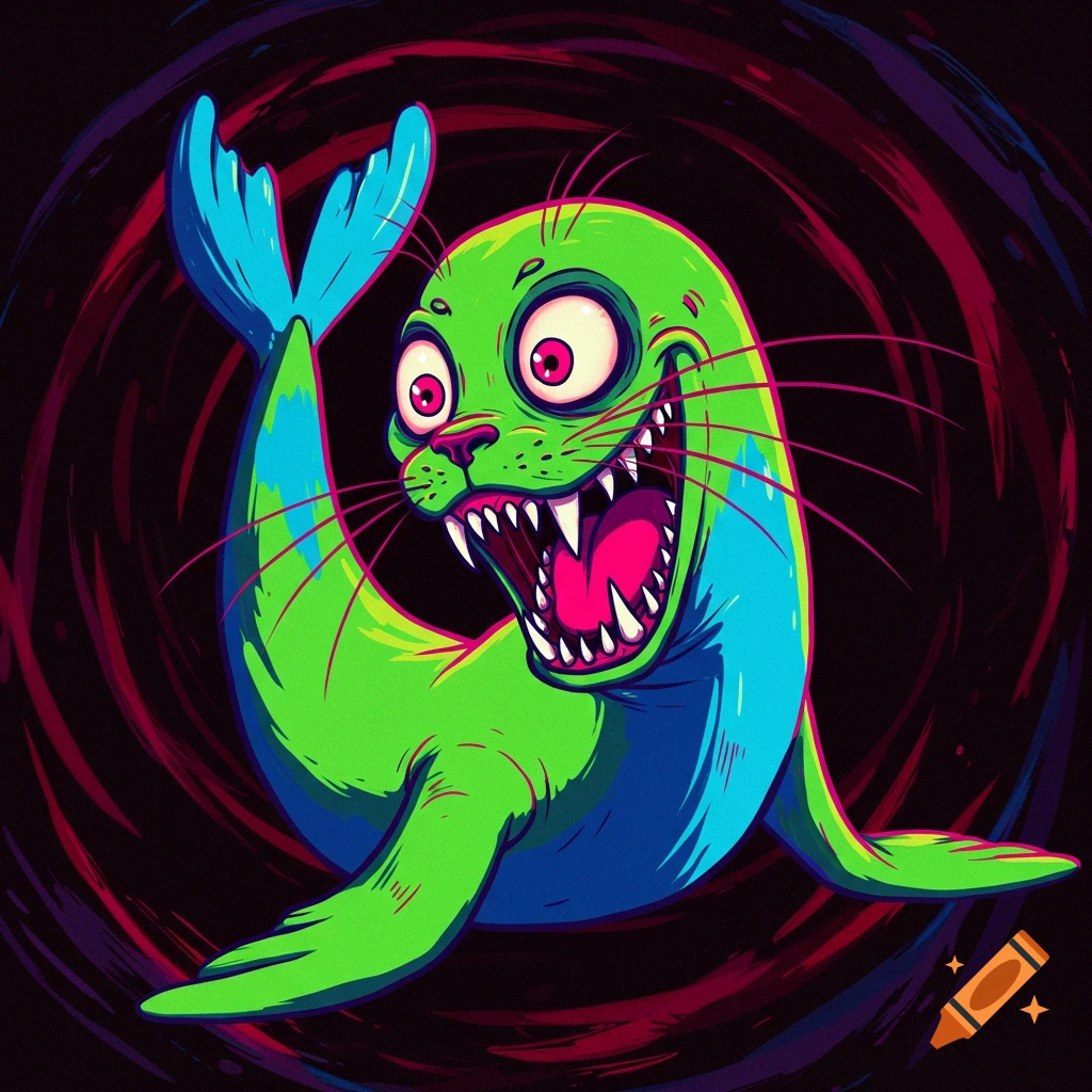 Cartoon illustration of a crazy bright green and blue seal with large eyes and sharp teeth.