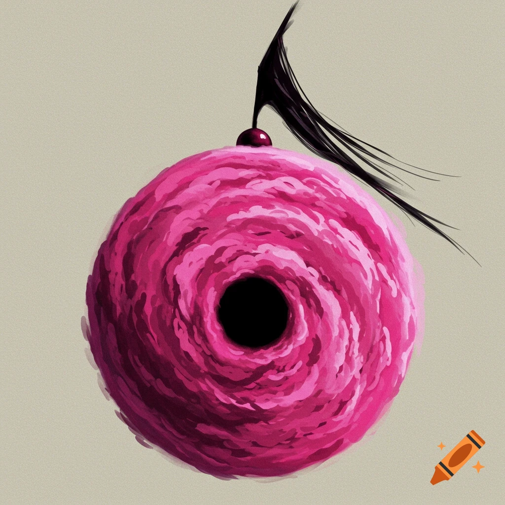A pink orb with a dark center and black ponytail.
