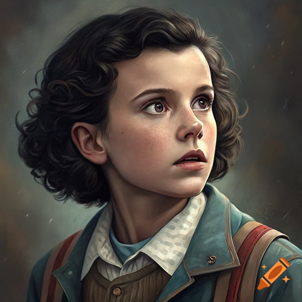 Detailed portrait of a young girl with short curly hair, freckles, wearing a jacket and vest, looking upwards.