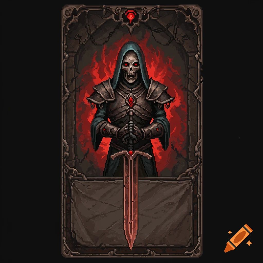Pixel art card of a skeletal warrior in armor holding a sword