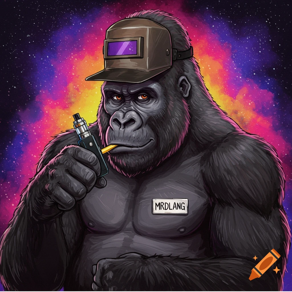 A gorilla wearing a welding cap, holding a vape, with a MRDLANG name tag, against a space background.