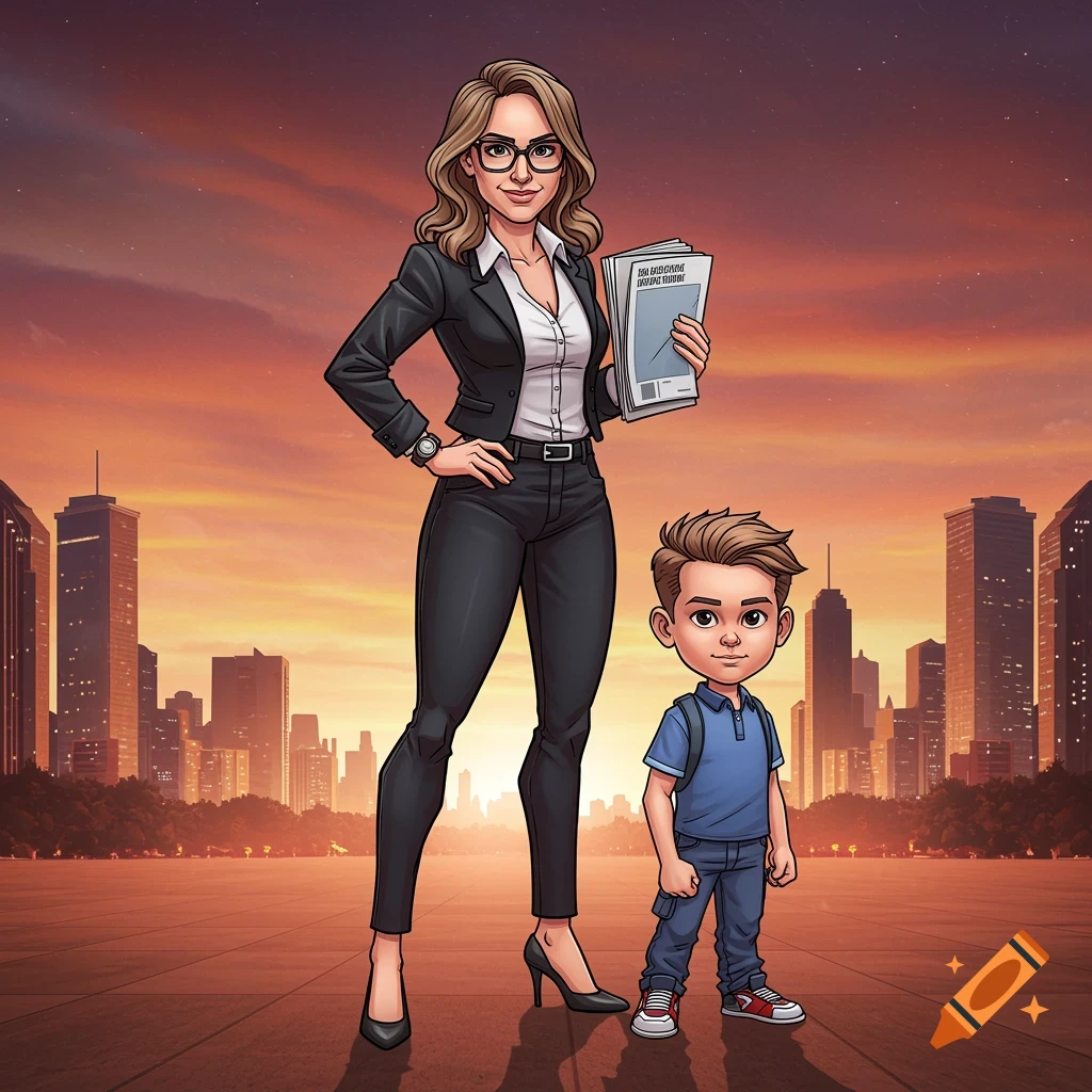 Digital illustration of a woman in a suit and a boy with a backpack standing in front of a city skyline at sunset.