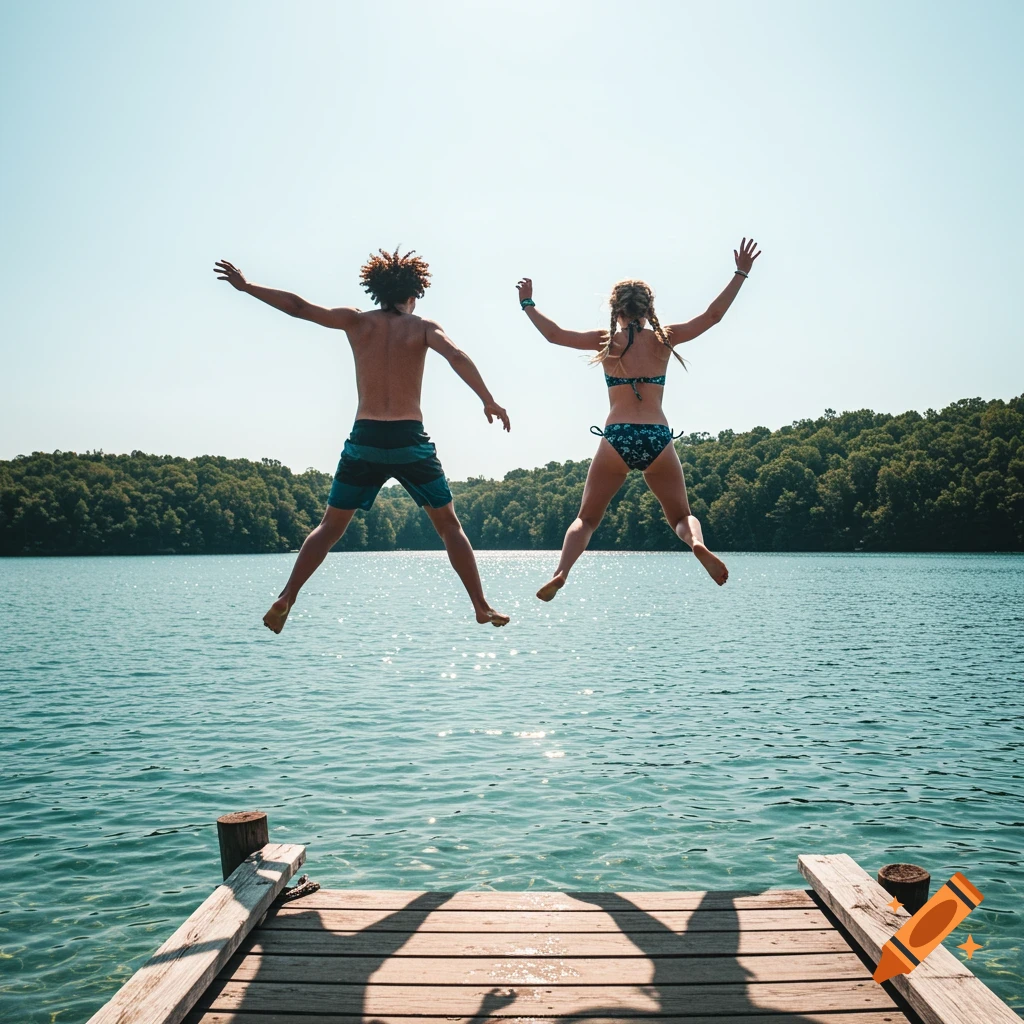 Two people jump off a dock into a lake