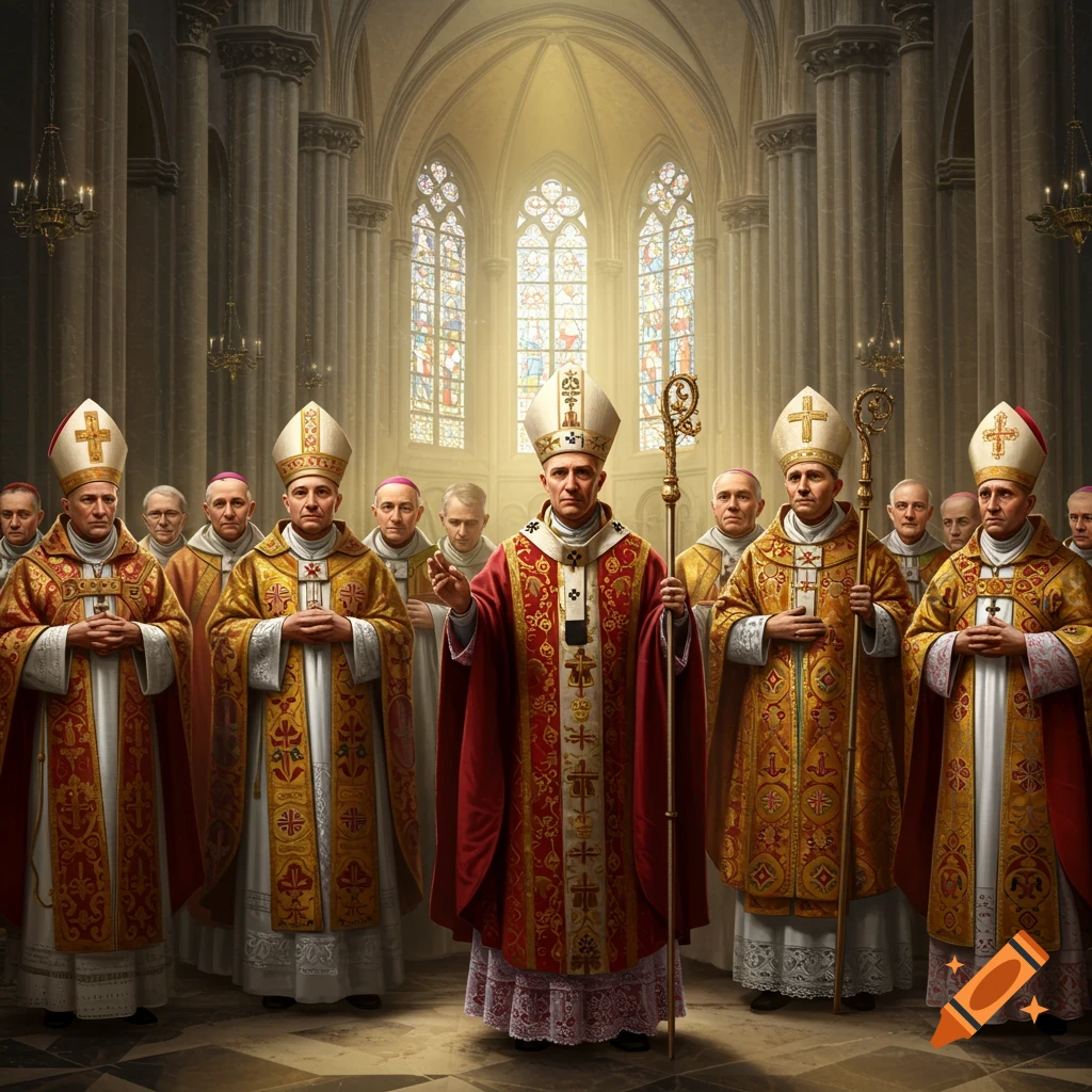 Roman Catholic bishops in ornate robes and miters standing in a church.