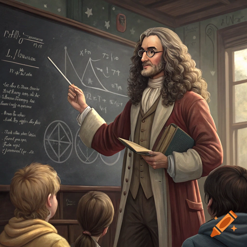 Man resembling Isaac Newton teaching children in a classroom, pointing at a chalkboard.