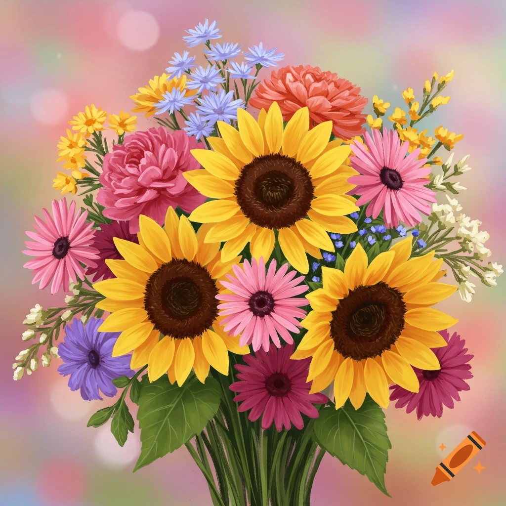 A vibrant image of a bouquet with sunflowers and pink daisies.