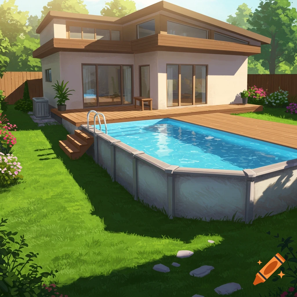 A modern house with an above-ground pool and a garden.