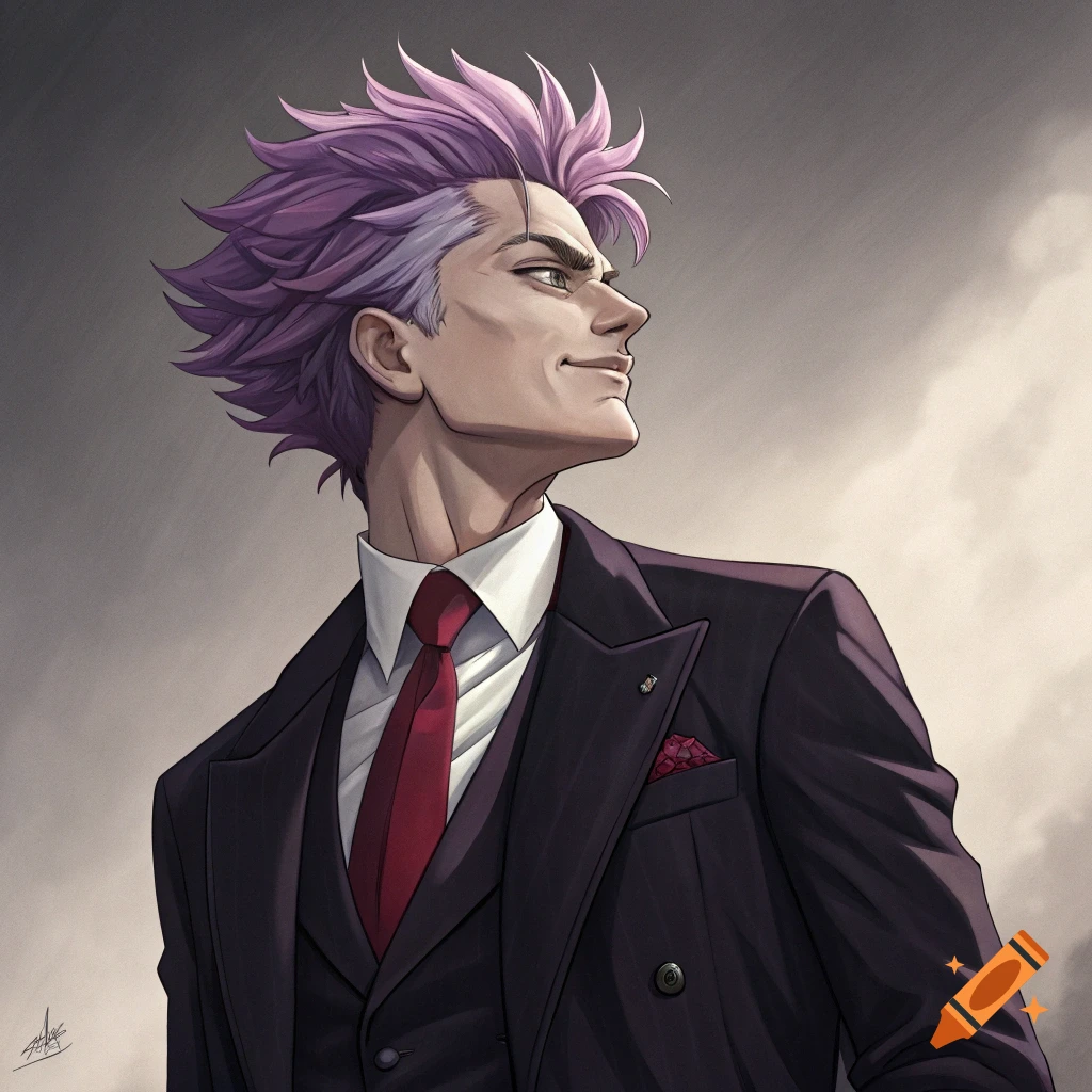Anime portrait of a man with purple hair wearing a suit and red tie.