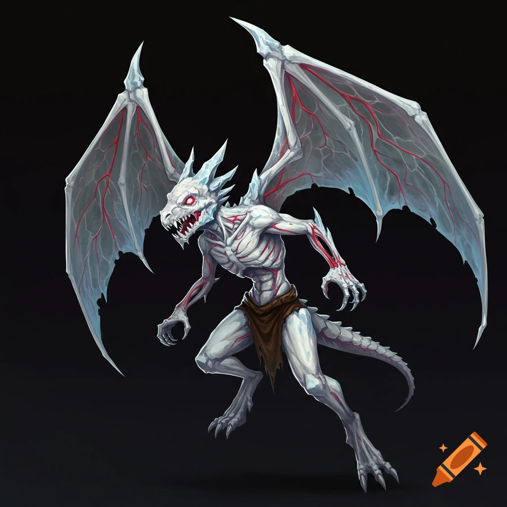 A white skeletal fantasy creature with large wings and red veins.