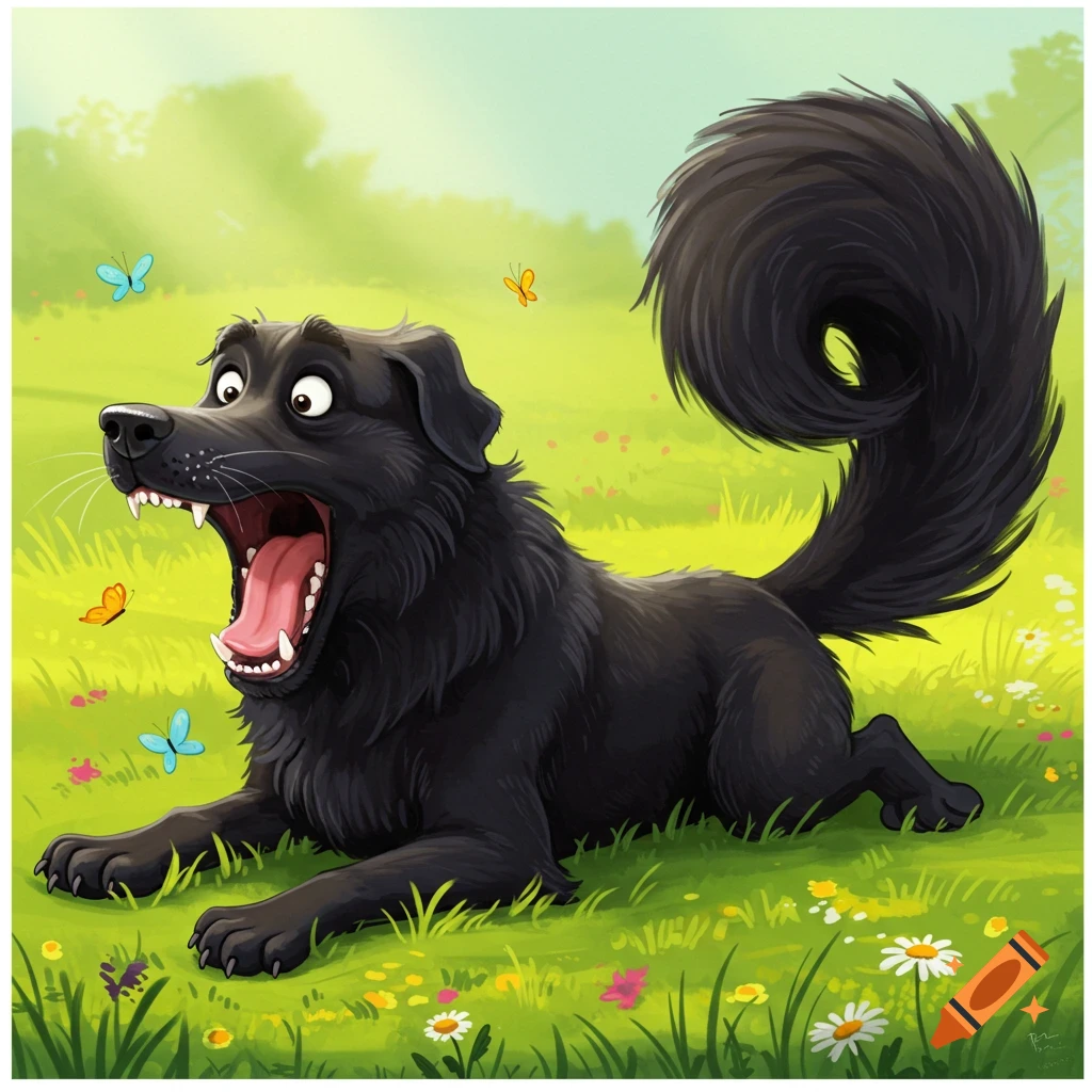 A big black dog with a long curled tail lies in grass yawning with a surprised look, surrounded by butterflies.
