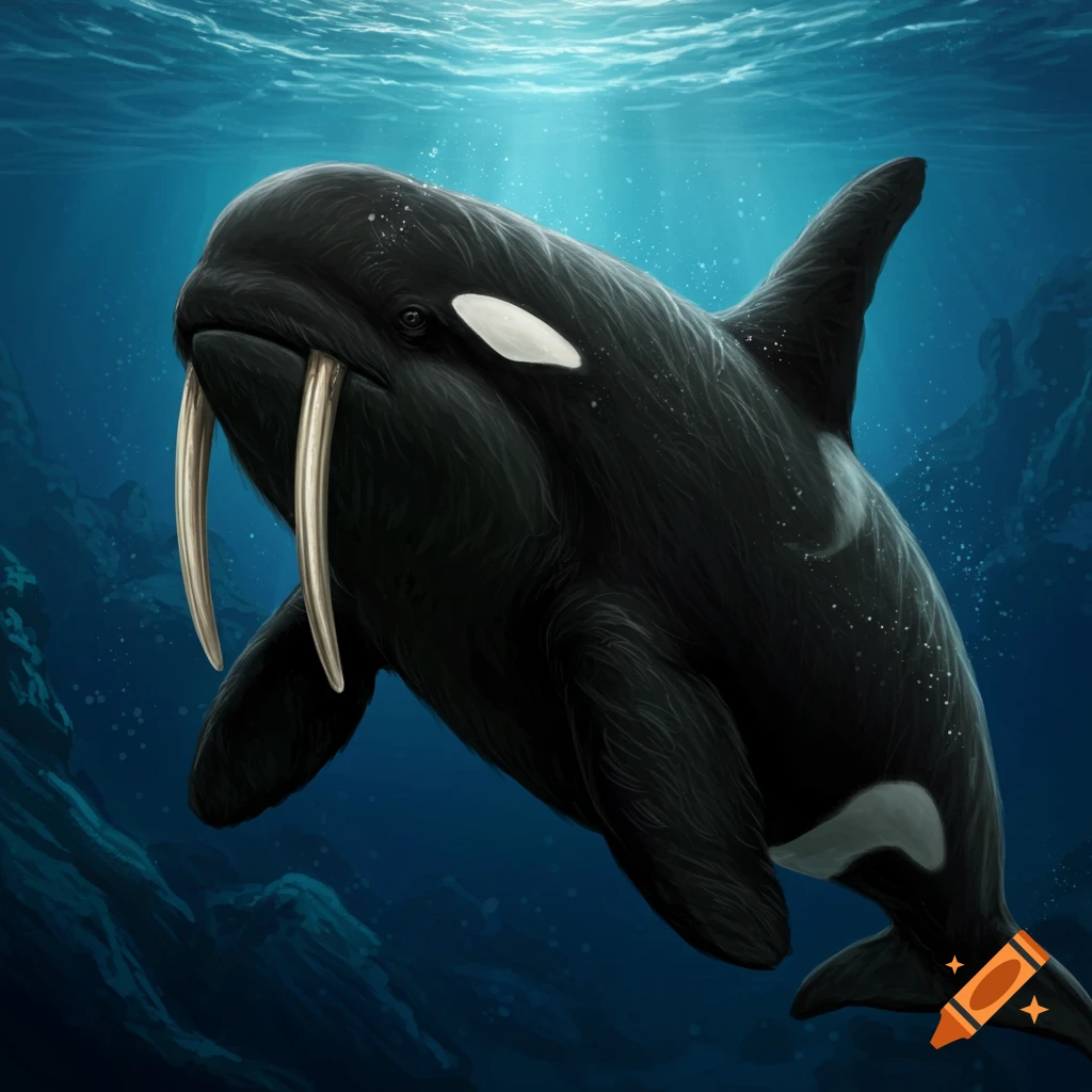 A woolly orca with tusks swimming underwater, digital art.