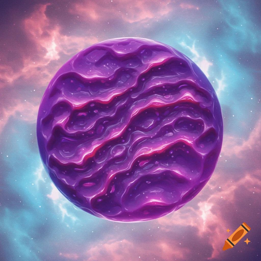 A purple orb with swirling patterns against a background of pink and blue clouds and stars.