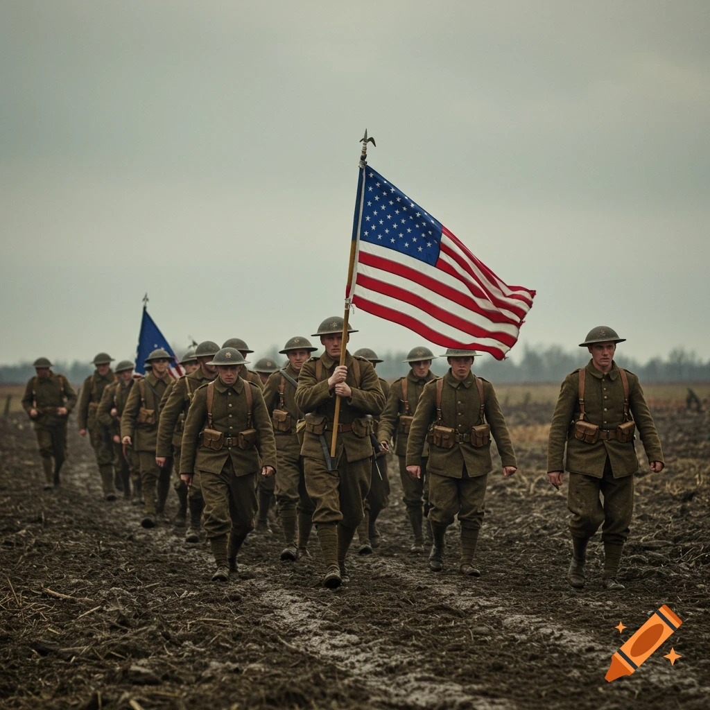 WWI soldiers march through muddy terrain, one holding an American flag.