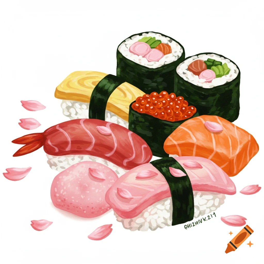 Various sushi pieces and pink sakura mochi with scattered petals.