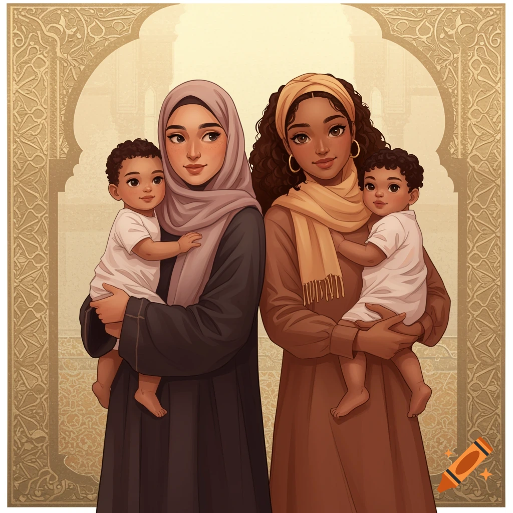 Two Muslim mothers hold babies in front of an arch with traditional Middle Eastern patterns.