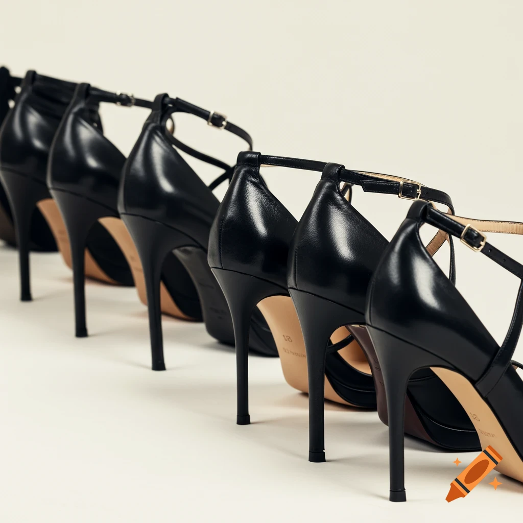 Line of black high heel shoes viewed from the back, studio shot.
