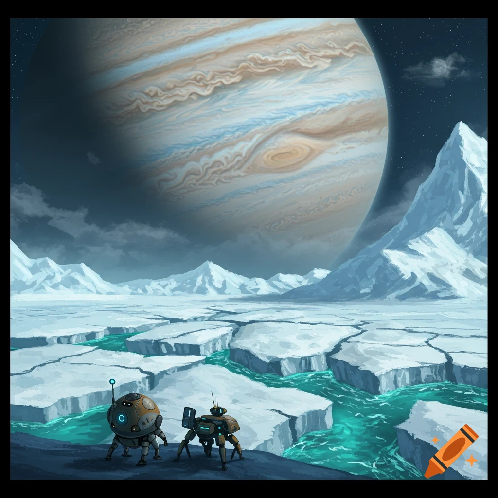 Two robots stand on an icy planet surface with Jupiter looming overhead.
