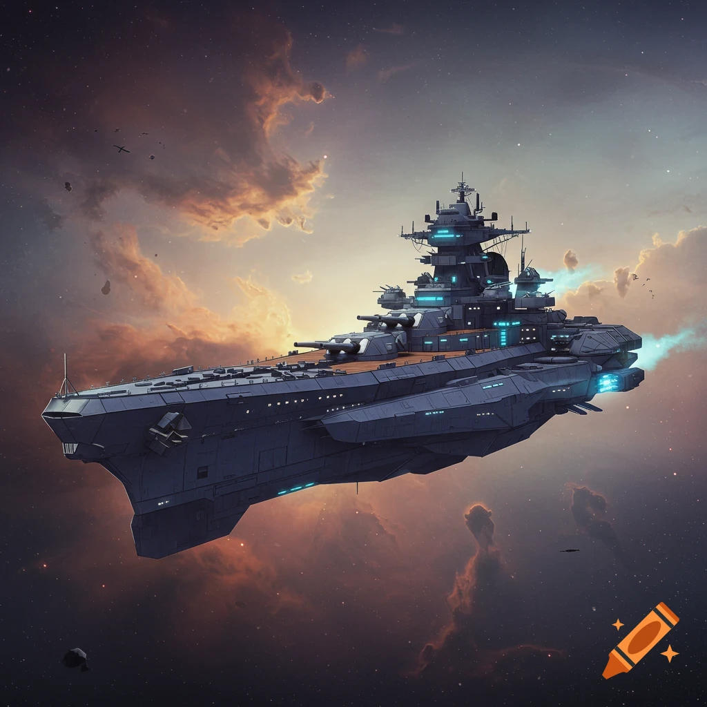 A futuristic battleship flying through clouds in space.
