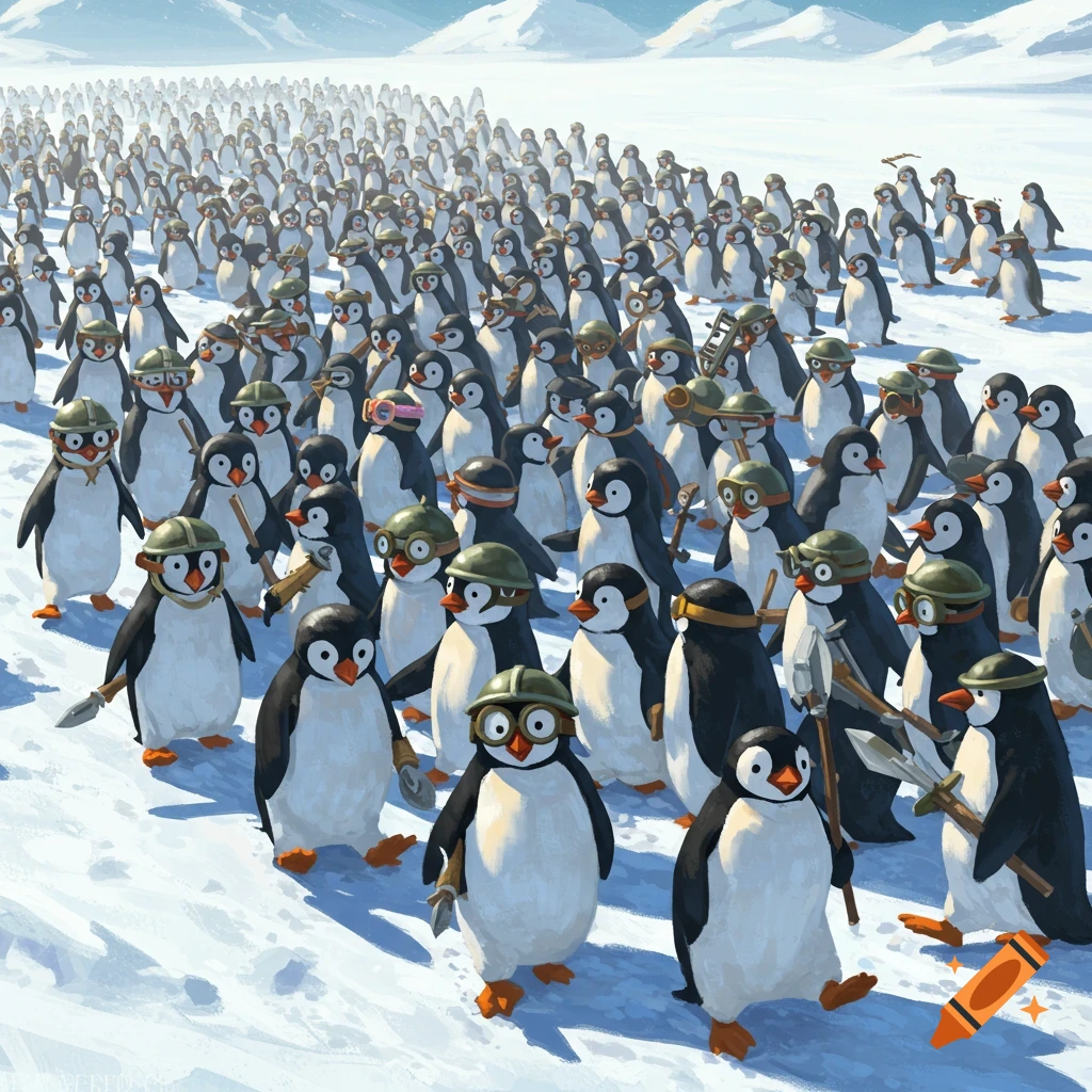 A large army of penguins wearing helmets and carrying tools marches across a snowy plain.