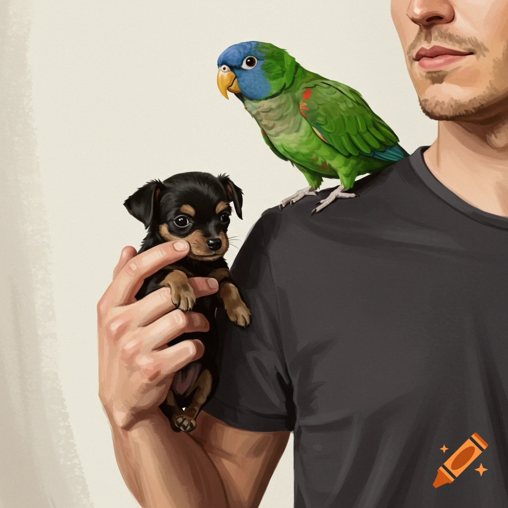Man holding a puppy and a parrot on his shoulder