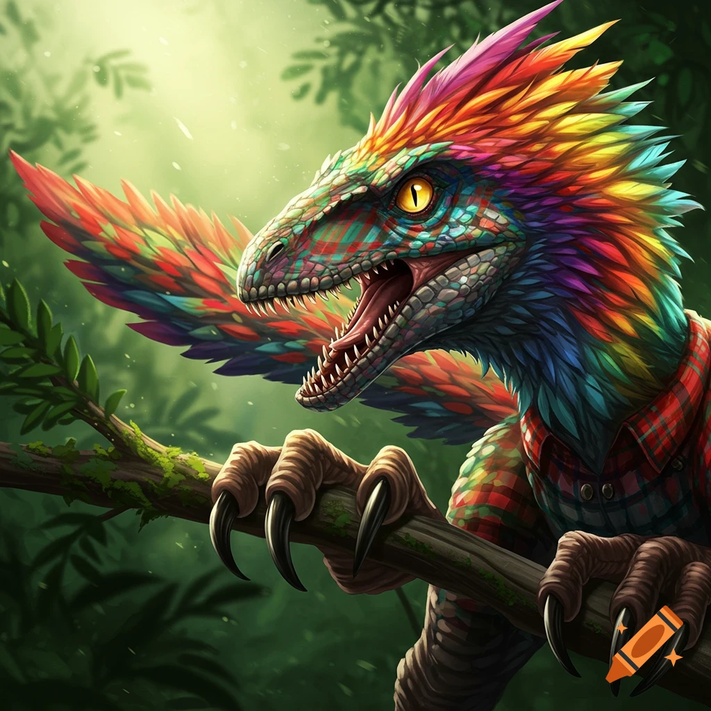 A colorful, feathered raptor in a plaid shirt sits on a branch in a forest.