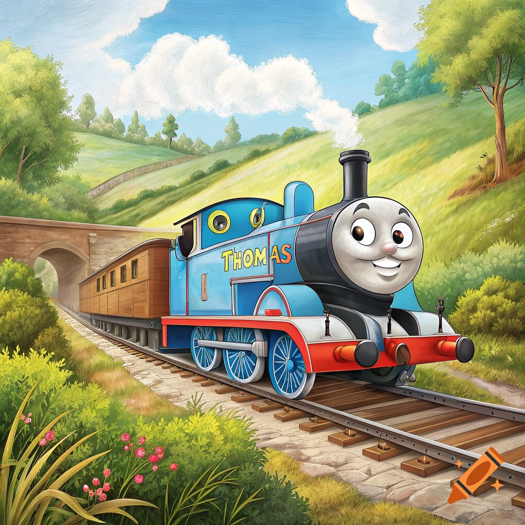 Cartoon illustration of Thomas the Tank Engine pulling a train car through a green landscape.