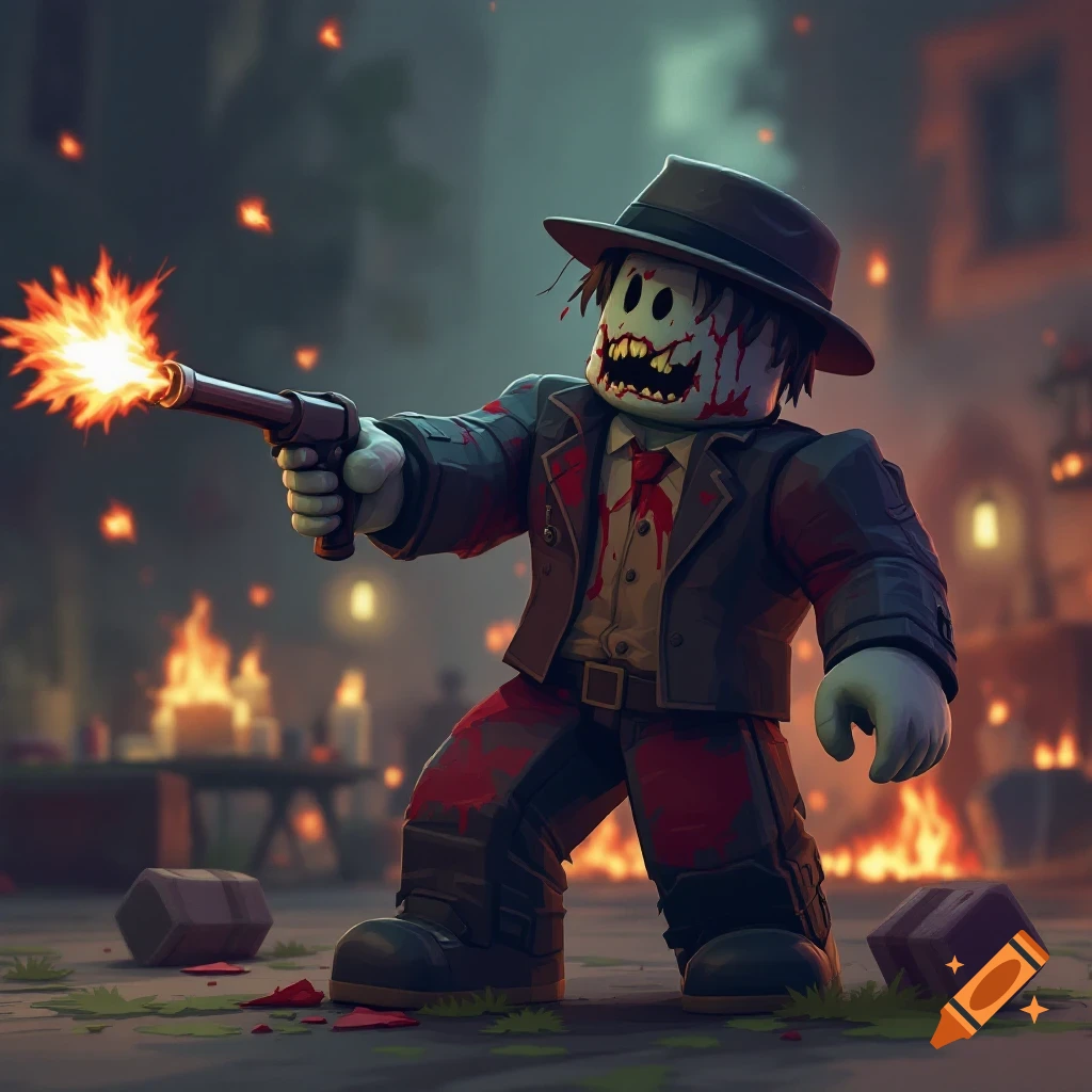 Roblox-style zombie character in a suit firing a gun in a burning street scene.