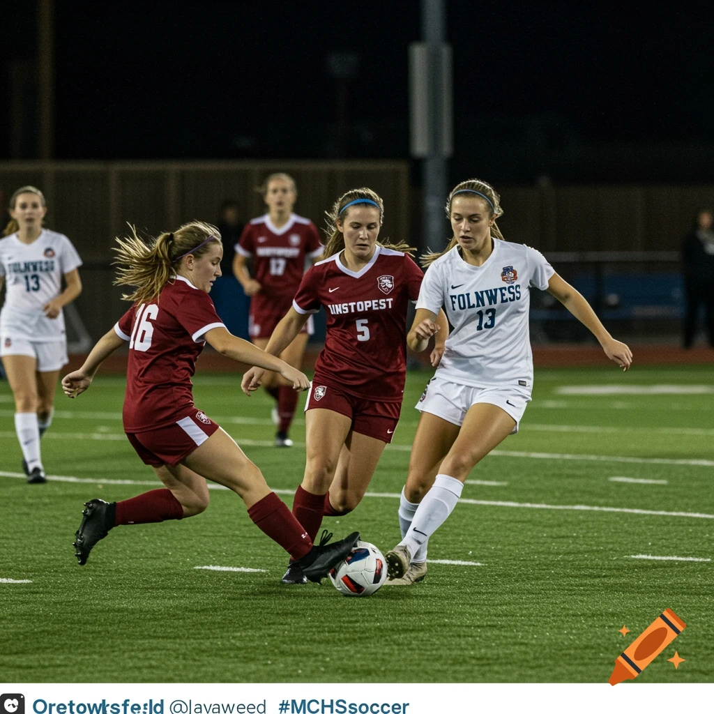 Three young women play soccer at night under lights. Two in maroon uniforms battle a player in white for the ball on a green field.