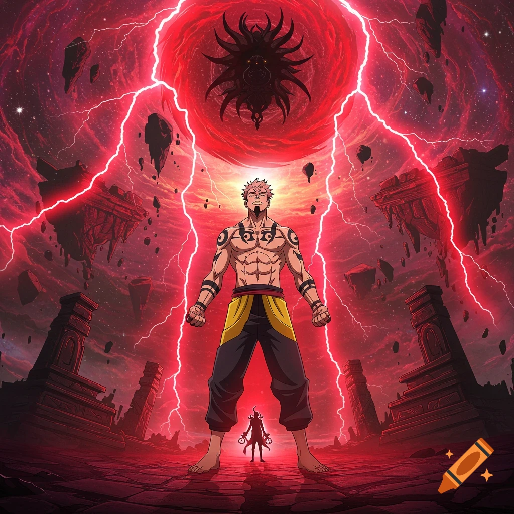 Anime style illustration of a muscular male character with tattoos standing in a swirling red energy realm with lightning and ruins.