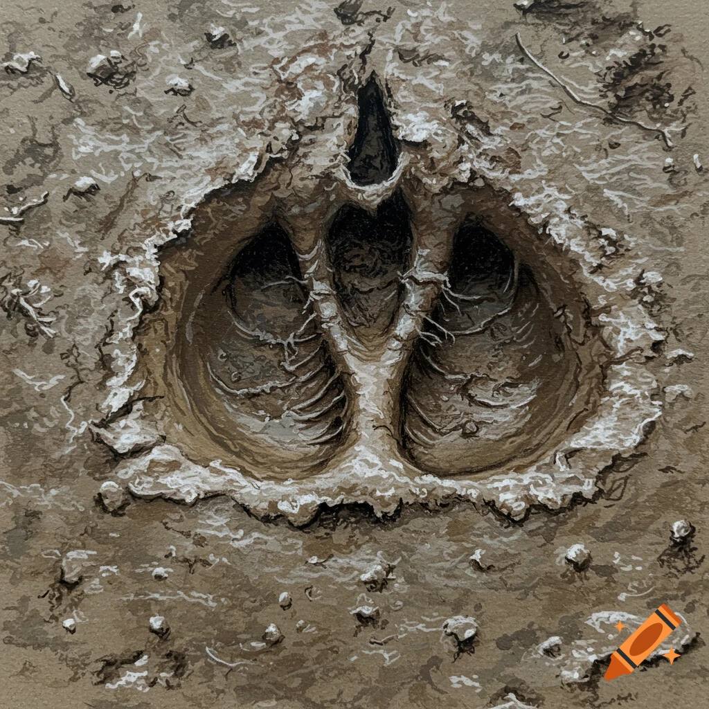 A close-up drawing of a muddy cow hoof print.