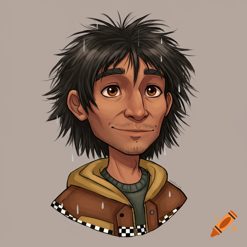 Cartoon portrait of a man with shaggy dark hair, brown eyes, wearing a brown jacket with a hood and checkered collar, with rain droplets.