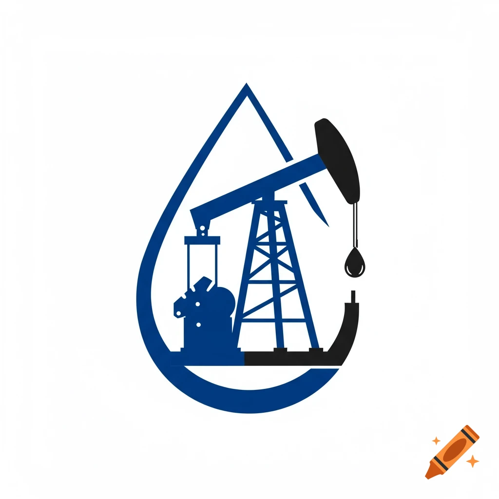 Vector graphic logo of an oil pumpjack within a blue teardrop shape.