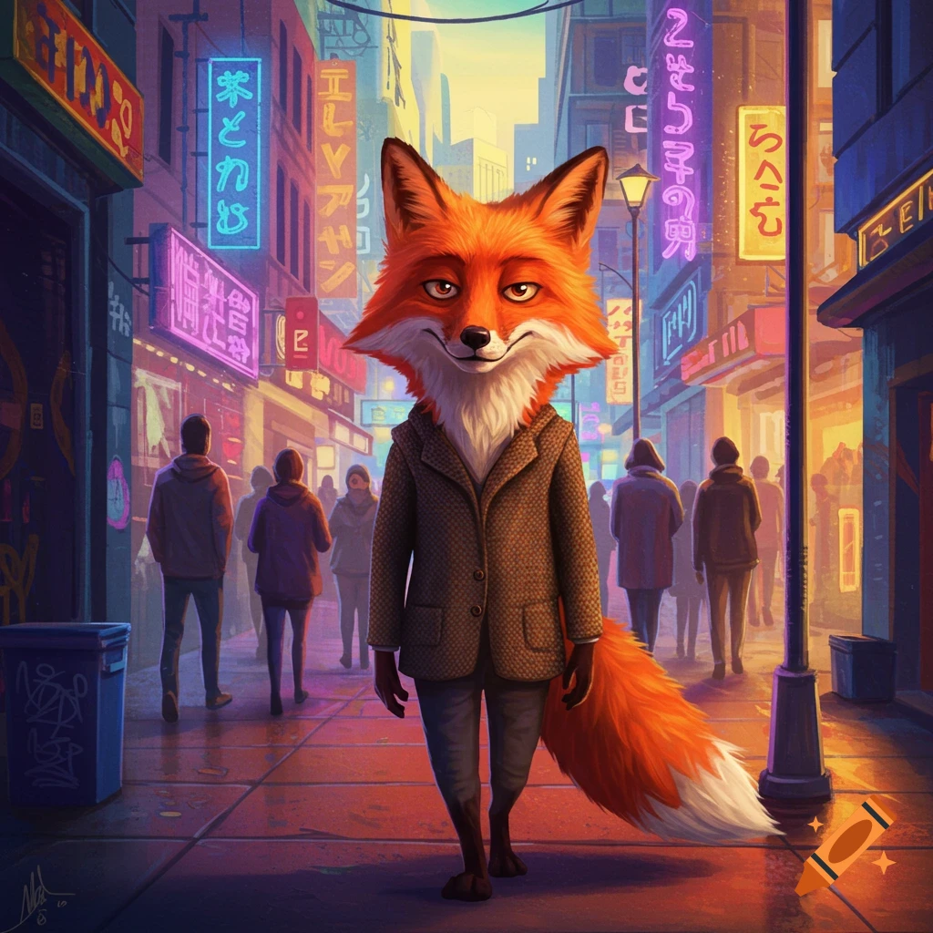 A clever fox walks down a colorful city street at night.