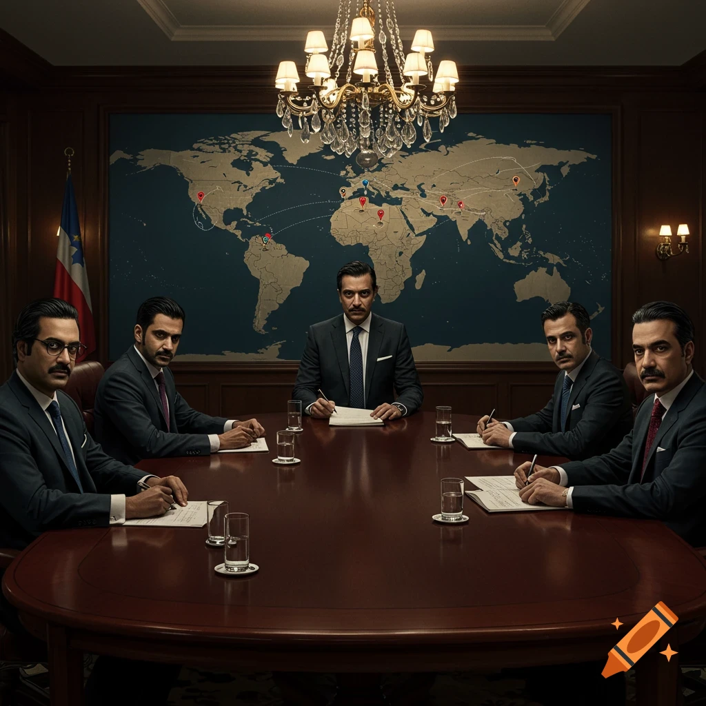 Men in suits sit around a large table in a meeting room with a world map on the wall.