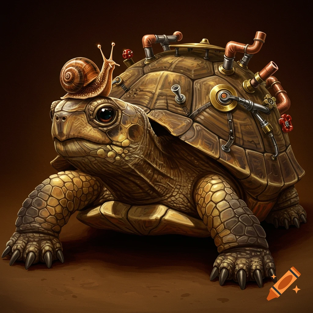 A steampunk turtle with a snail on its head.