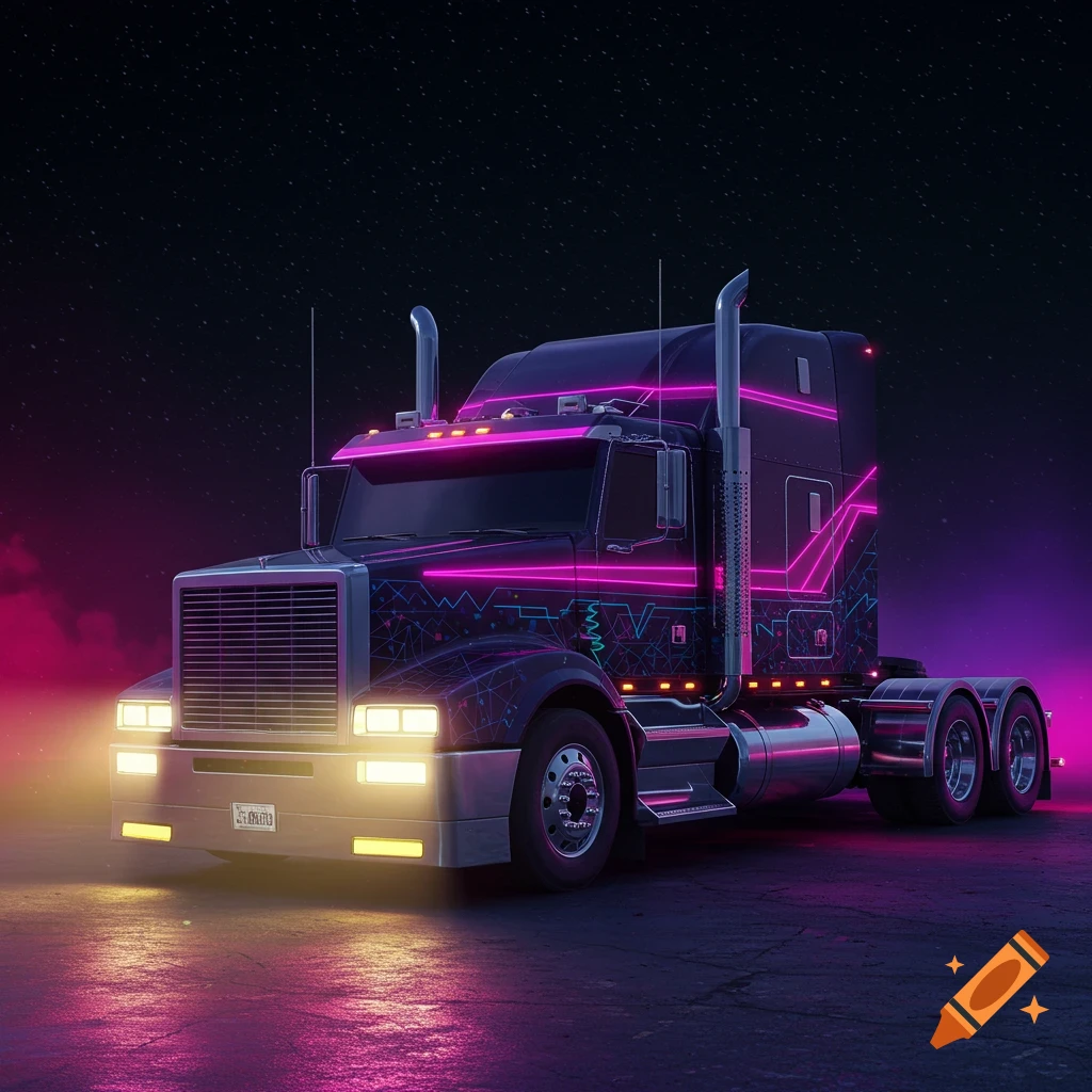 Retro futuristic black semi truck with pink neon lines in a starry night landscape