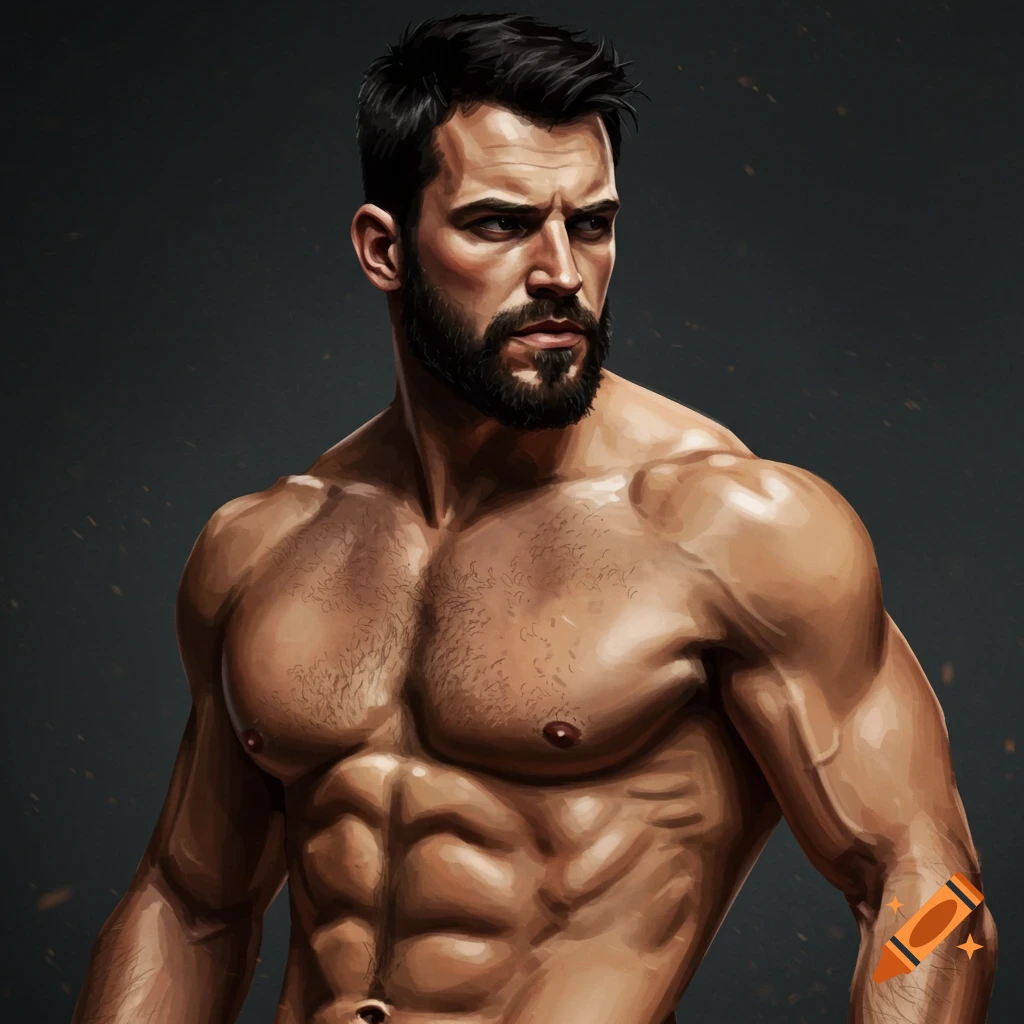 A portrait of a muscular man with a beard.