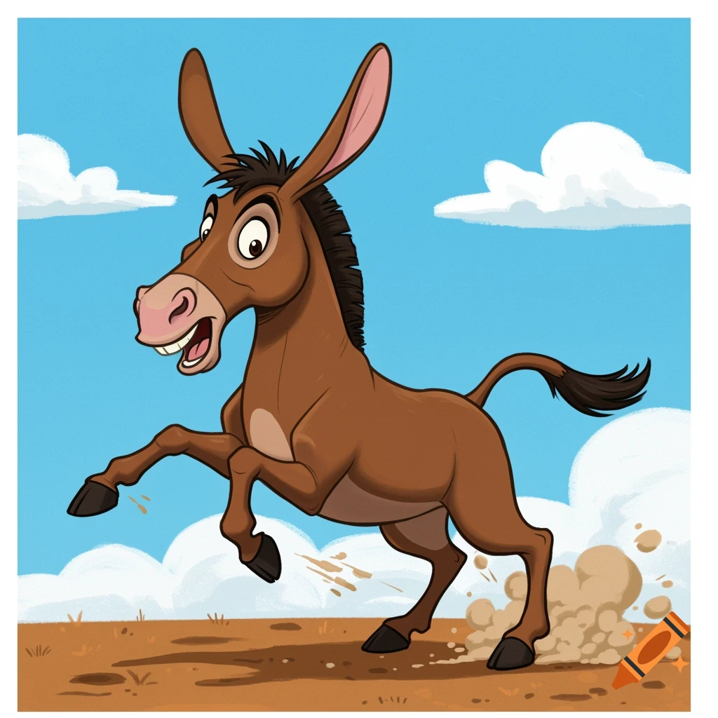 Cartoon illustration of a brown mule kicking up dust in a field