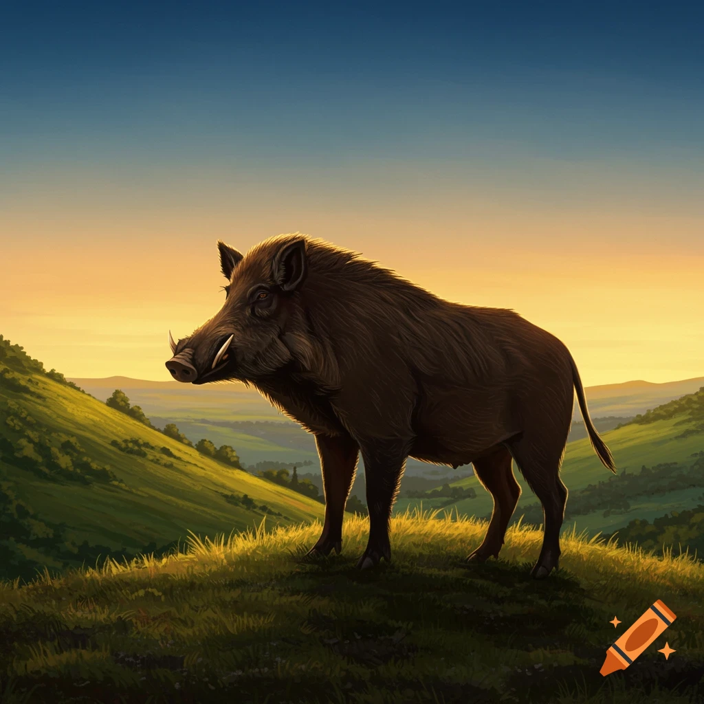A wild boar stands on a grassy hill at sunset.