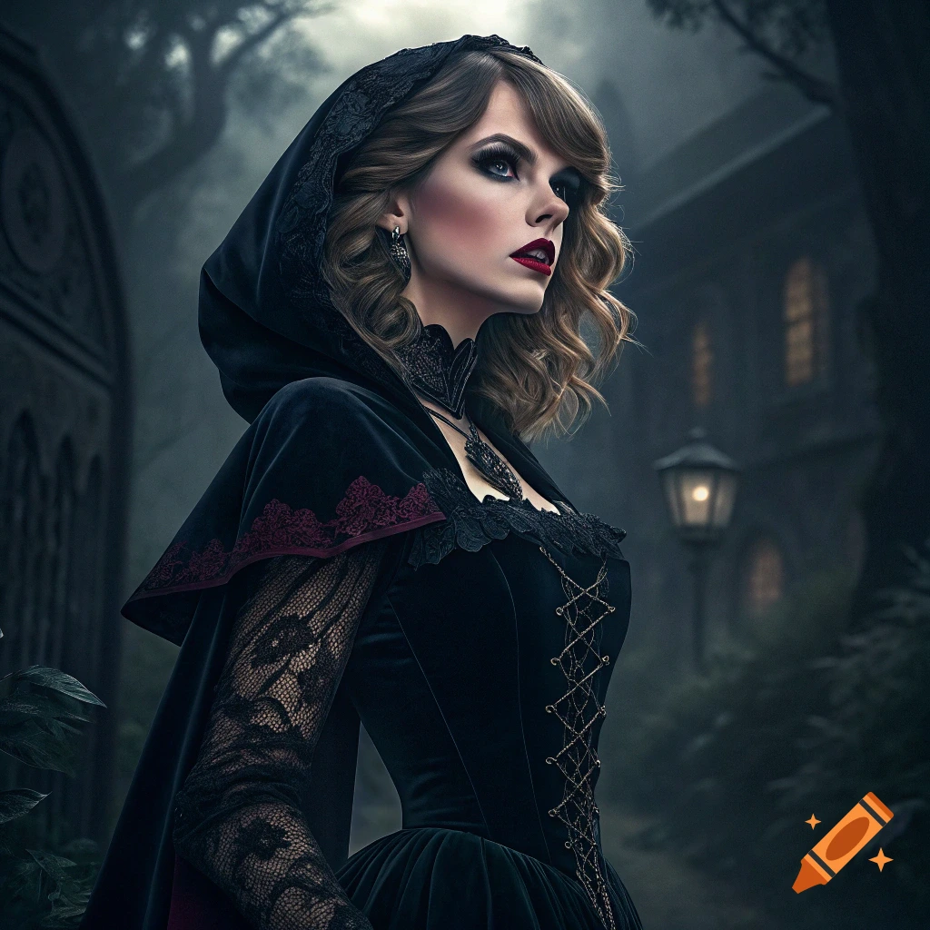 A woman in a black hooded gothic dress stands in a dark, spooky setting.