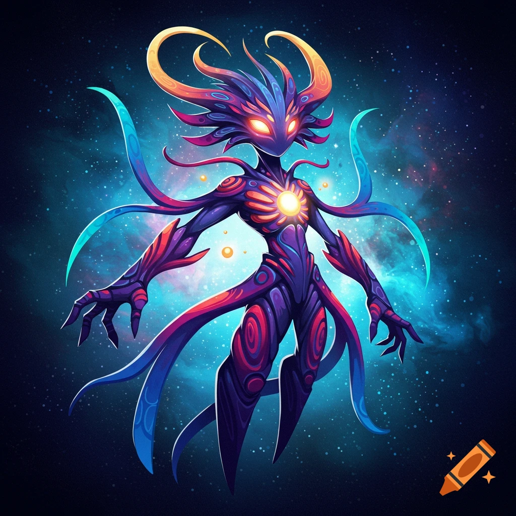 A colorful, stylized alien creature with glowing eyes and tentacles floats in space.
