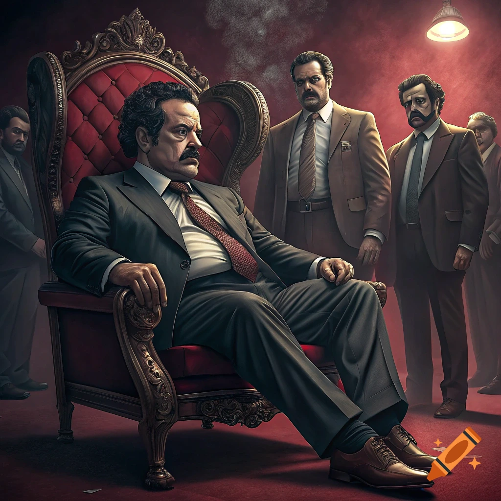 A man sits on a large, ornate chair, surrounded by other men in suits in a room with red dramatic lighting.