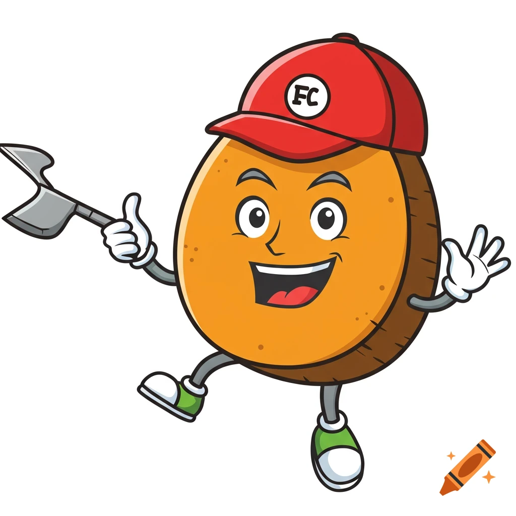 Cartoon potato character in red cap holds an axe and gives thumbs up