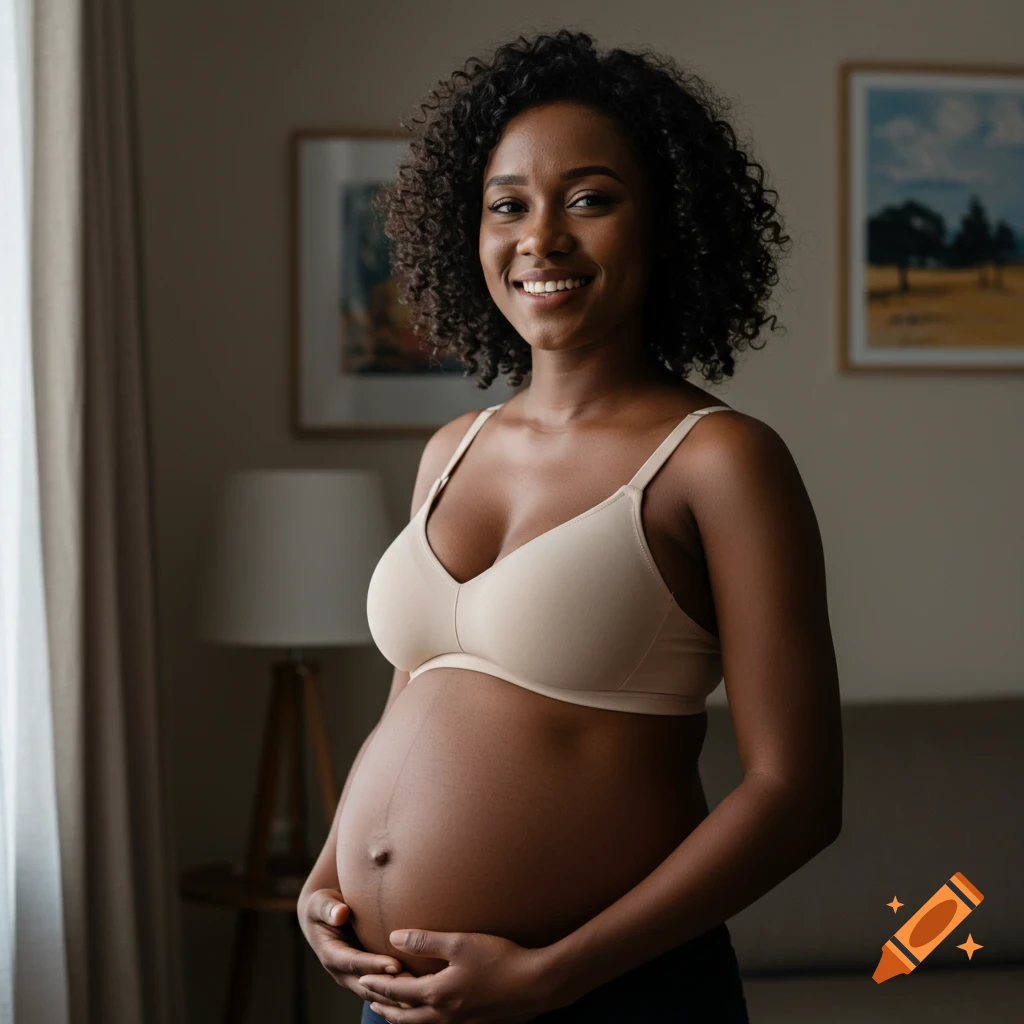 Smiling pregnant woman in a bra holds her belly indoors.