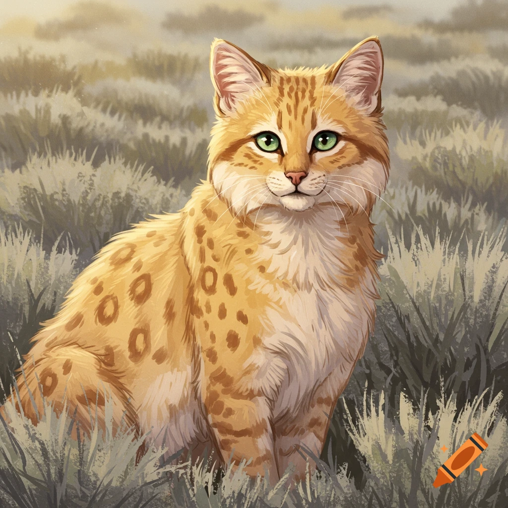 A sandy cat with spots and green eyes sits in tall grass.