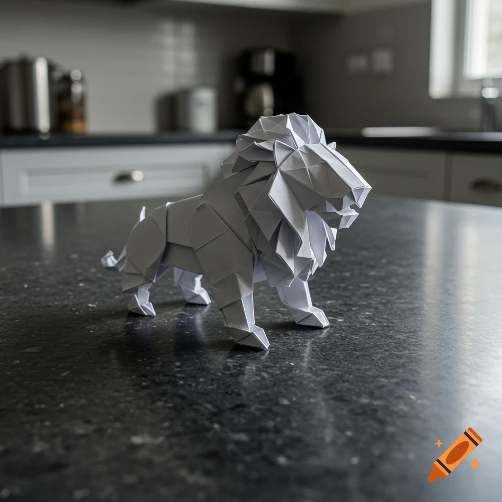 A white paper origami lion stands on a dark granite kitchen counter.