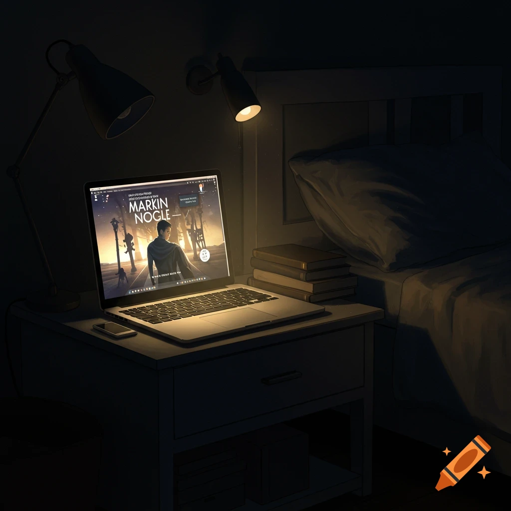 A laptop displays a book cover on a nightstand in a dark room with lamps and books.